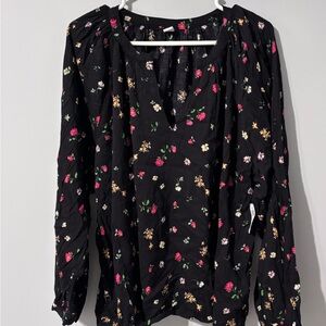 Old Navy Black and Pink Ruched Long Sleeve Blouse